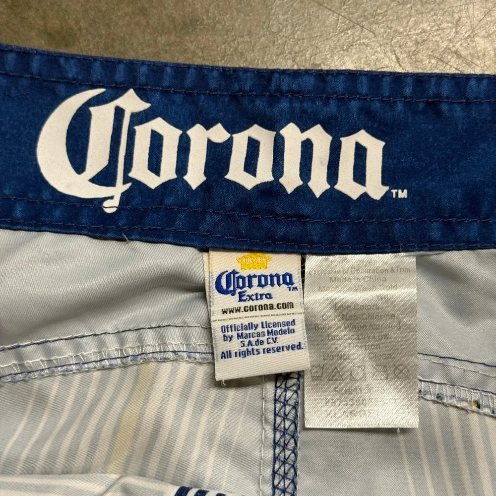 Corona Extra Mens Plaid Board Shorts‎ Blue White Swim Trunks Size XL Embroidered